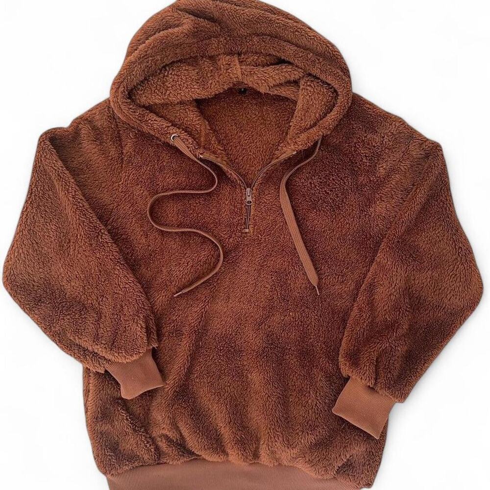 Brown Sherpa Hoodie Quarter Zip Teddy Fleece Cozy Pullover Women’s Small